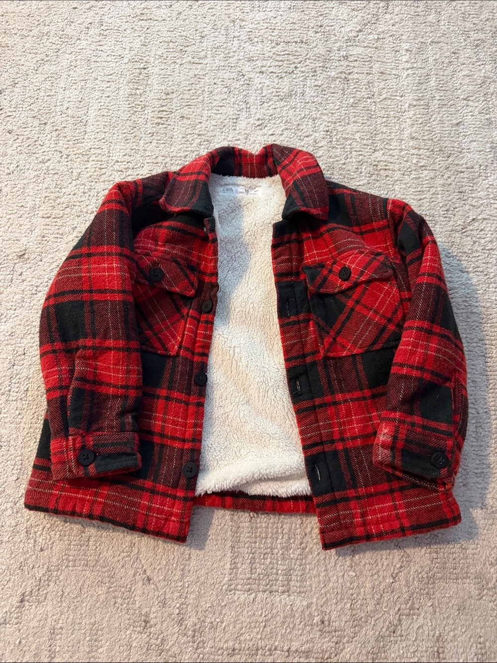 Zara Red and Black Plaid Sherpa-Lined Puffer Jacket